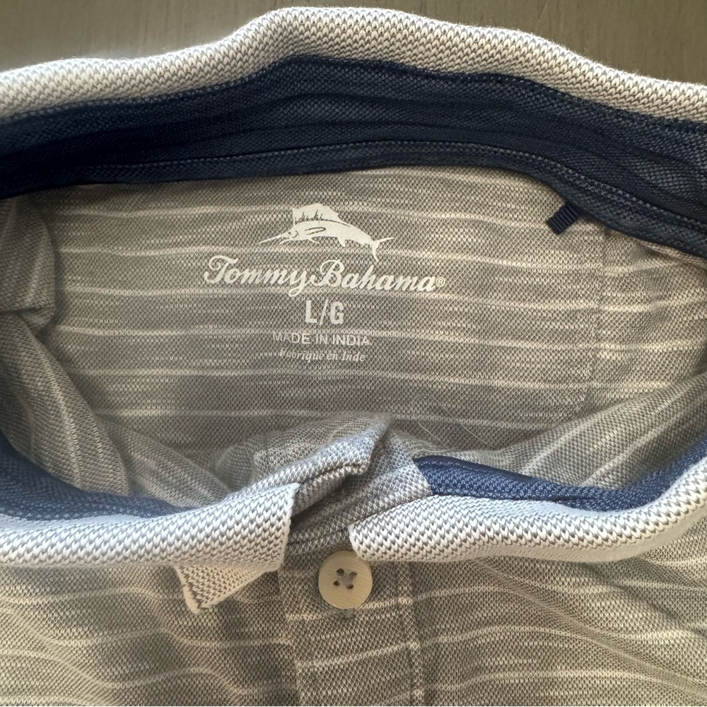 Tommy Bahama Polo Shirt Men’s L Gray Striped Marlin Logo Short Sleeve - Picture 4 of 5